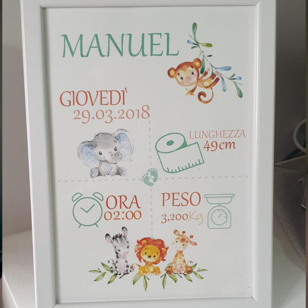 Quadretto nascita animaletti personalizzato